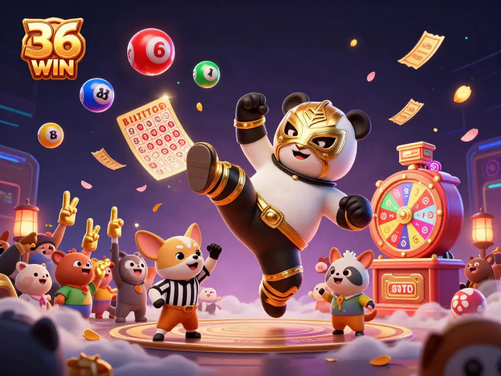 Engage with thrilling games at 36 WIN, featuring a vibrant 3D panda championing online casino excitement.