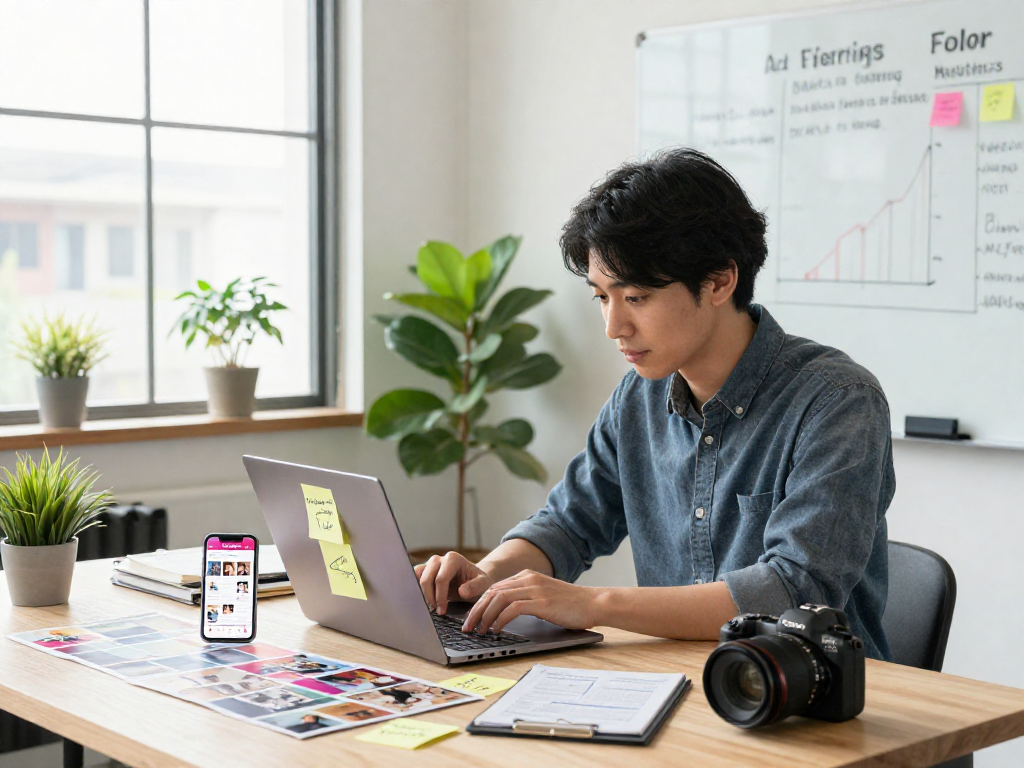 インスタグラム 日本人 フォロワー 購入の戦略を分析する若い起業家のいる明るいコワーキングスペースのシーン