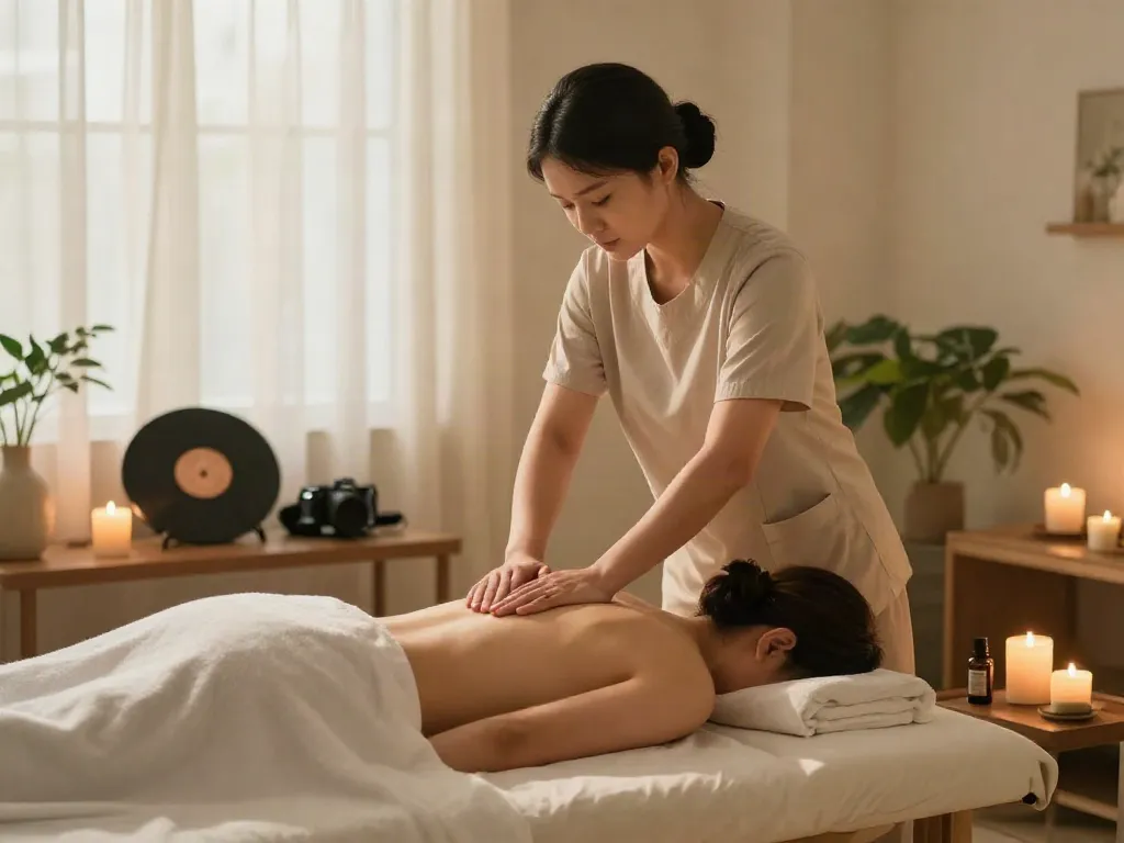 영등포출장마사지에 대한 편안한 환경에서 마사지 치료사가 고객에게 치료를 제공하는 모습.