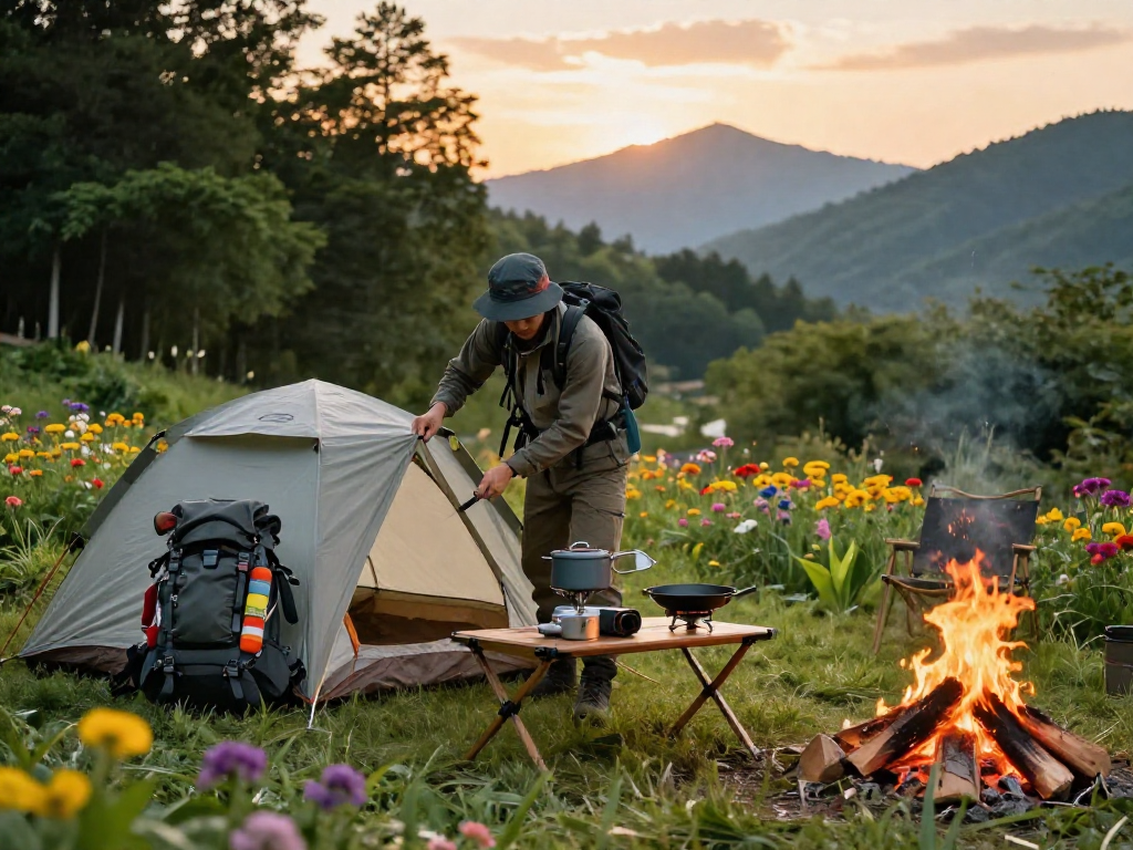 Outdoor adventurer setting up camp gear from ROKOK88, vibrant mountain backdrop.