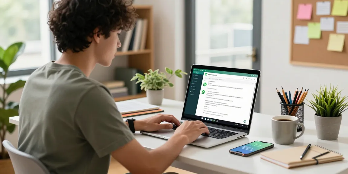 Using WhatsApp網頁版 in a modern home office with a laptop and coffee.