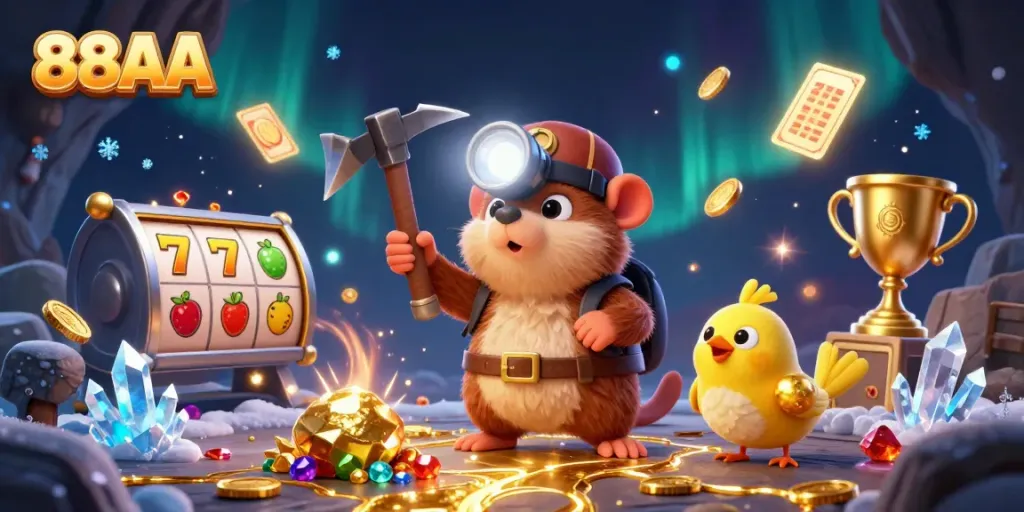 Engage with 88AA's thrilling adventures through a treasure hunt scene filled with casino rewards.