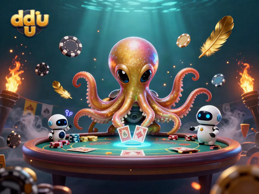 Engage in thrilling poker action with the dd uu alien octopus and robot while gaming.