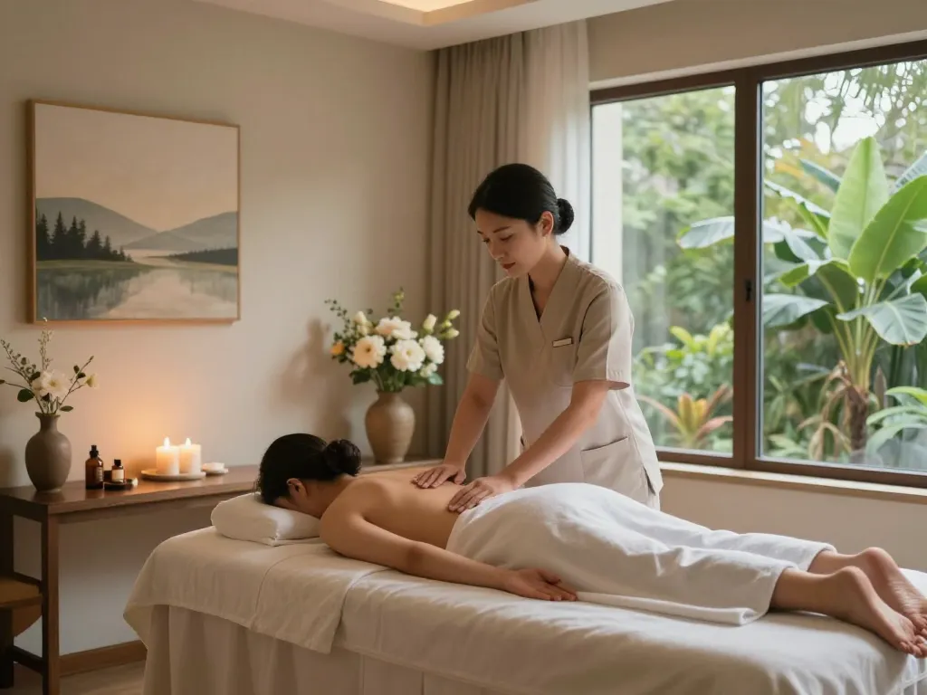 Relaxing spa ad featuring a therapist massaging a client in a serene treatment room with calming elements.