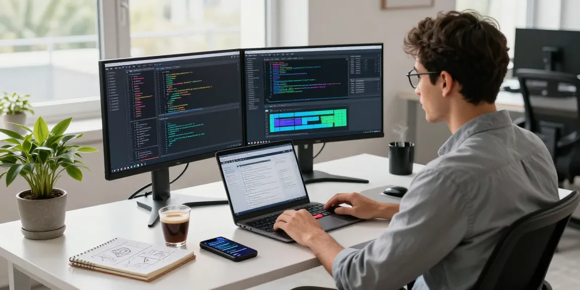 WPS Download in a modern workspace with a developer coding on multiple screens, dense with vibrant syntax and collaboration tools.