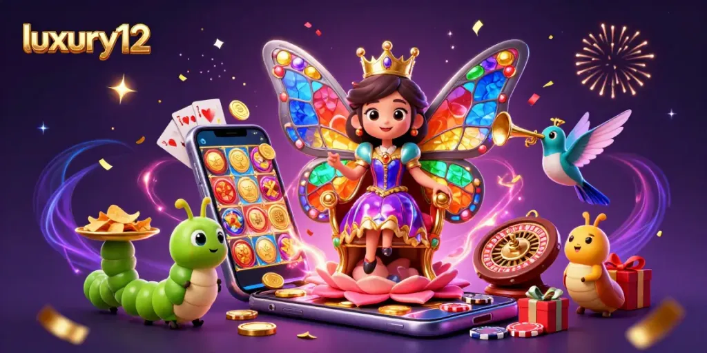 Experience the excitement of luxury12 with vibrant casino games and magical elements in this 3D illustration
