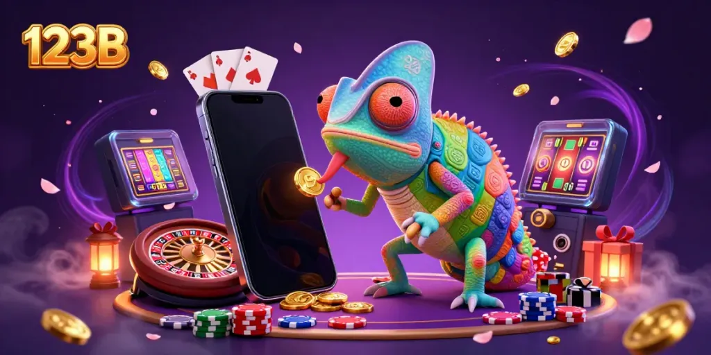 Engaging 123B casino scene featuring a chameleon owner and dynamic game elements.