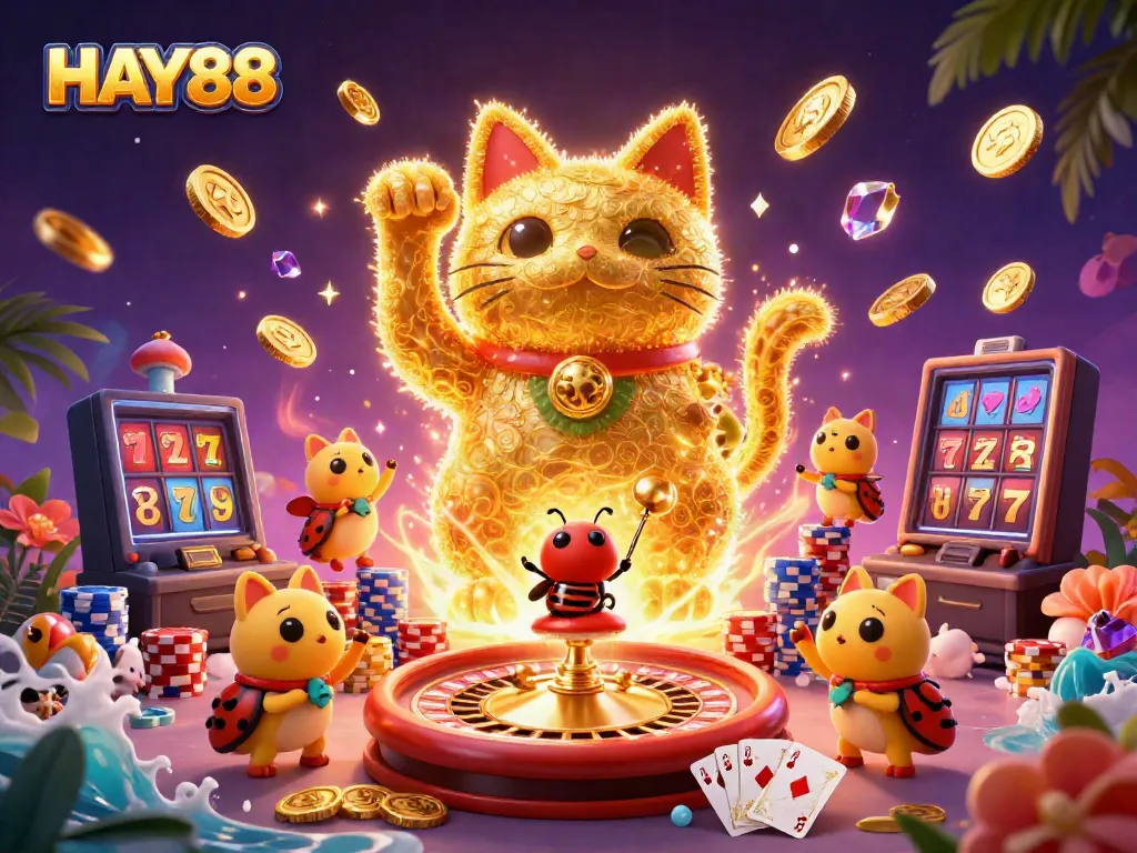 Experience the excitement of HAY88 with a golden lucky cat symbol and vibrant casino elements.