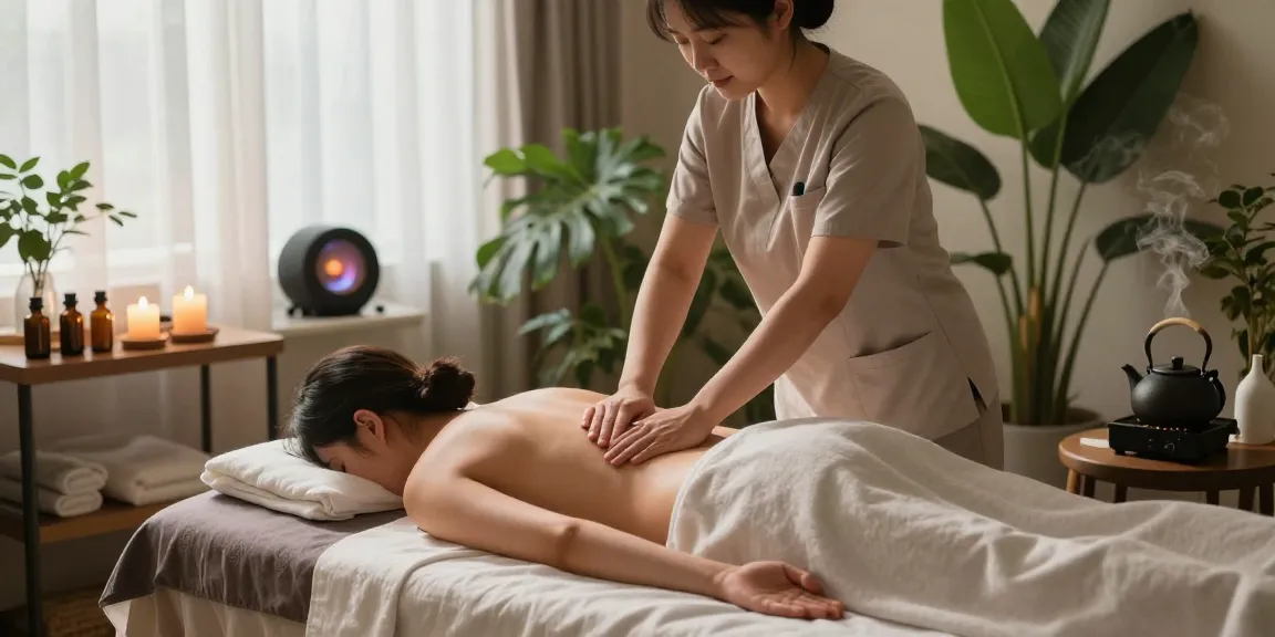 하남출장마사지로 편안하게 마사지받는 모습과 아늑한 치유 환경