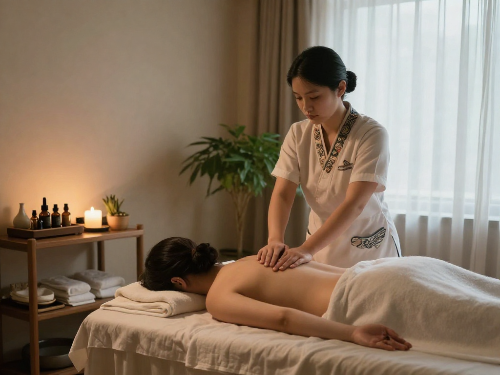 Relaxing 안양출장안마 therapy scene with skilled therapist and serene ambiance.