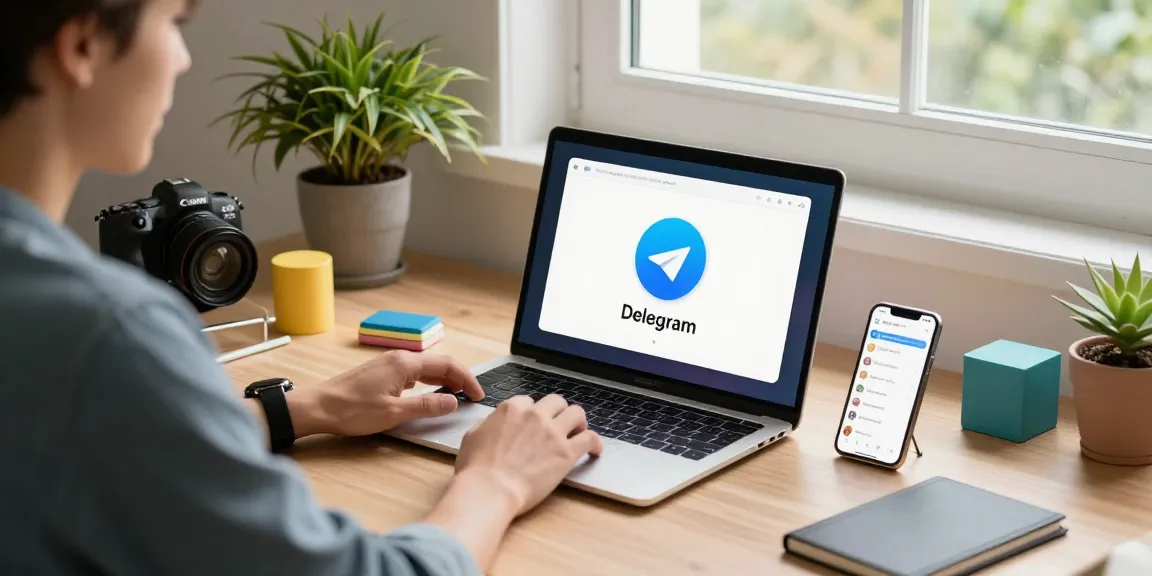 Download Telegram on a sleek laptop in a modern home office setup.