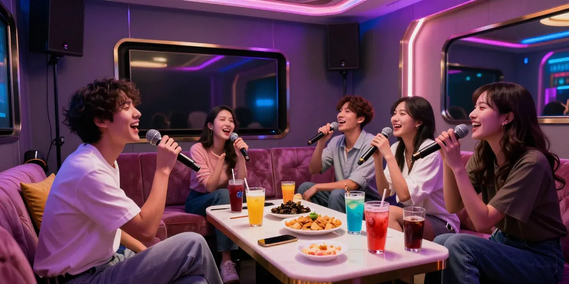 강남가라오케에서 즐거운 시간 보내는 친구들, 화려한 조명과 안락한 좌석으로 구성된 독립된 공간.