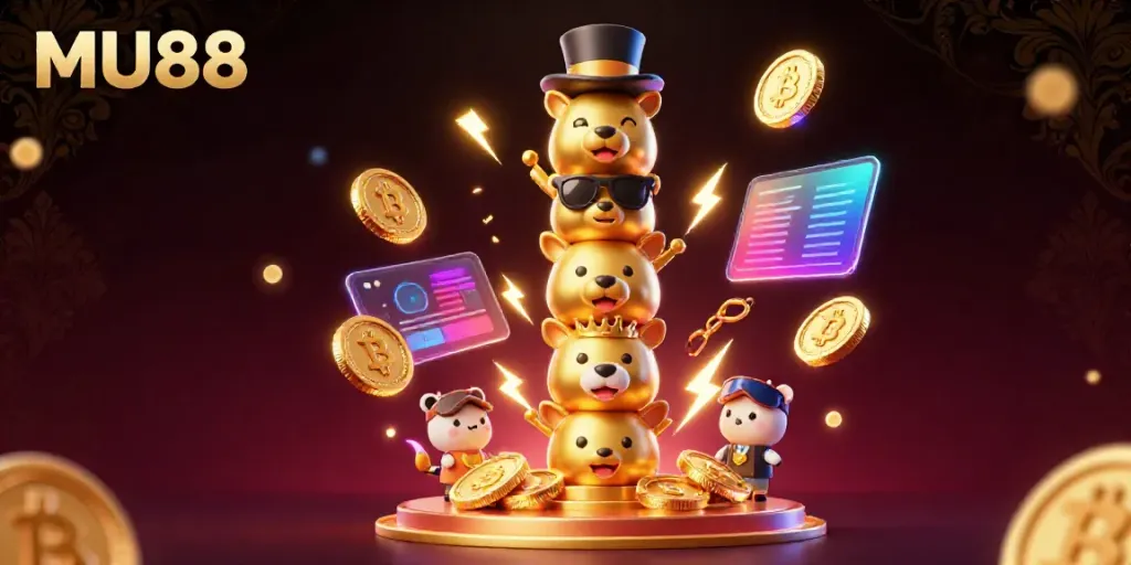 Engage with MU88's vibrant casino world through an animated 3D illustration showcasing a golden totem and cryptocurrency elements.