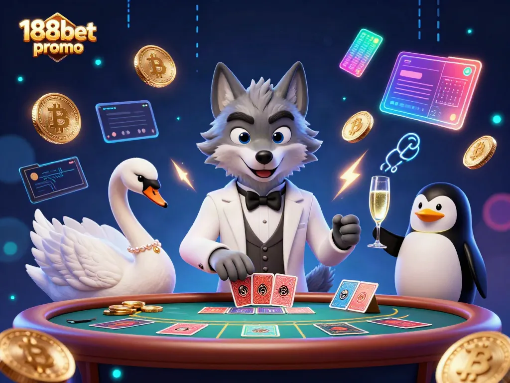 Engage with the vibrant 188bet promo scene featuring a debonair wolf and elegant swan at a baccarat table.