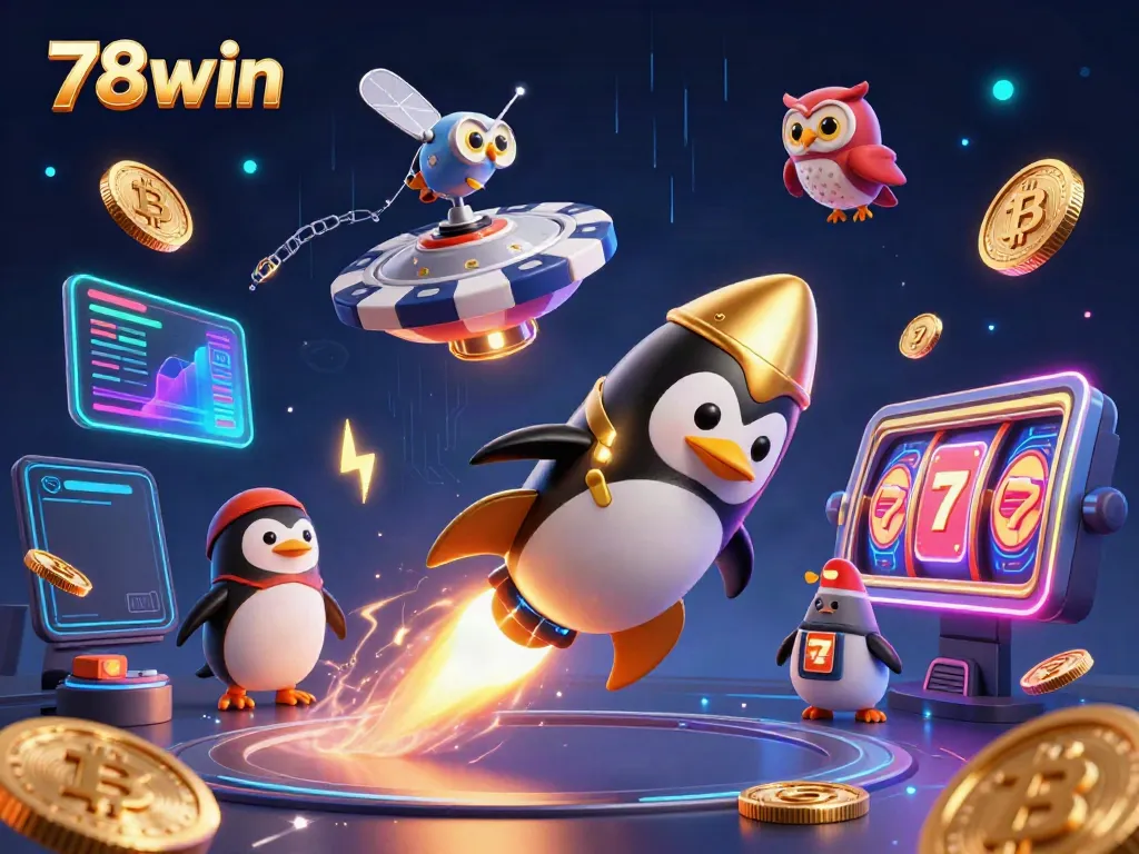 Engage in thrilling slots and jackpots with 78win featuring a golden rocket penguin in a vibrant casino space adventure.