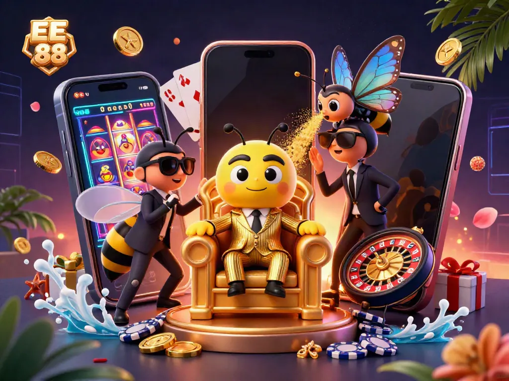 Engaging scene showcasing the bumblebee mob boss and wasp bodyguards amidst gambling excitement in the EE 88 casino.