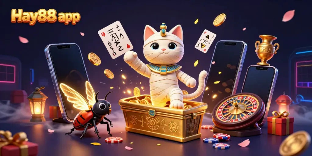 Experience the Hay88 app with a vibrant 3D illustration showcasing a thrilling casino adventure.