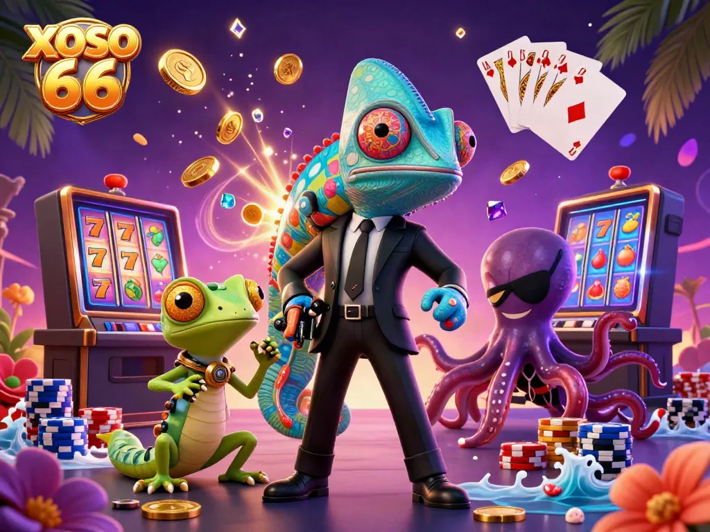 Spin the reels with XOSO 66's lively 3D illustration packed with slot symbols, colorful characters, and casino vibes.