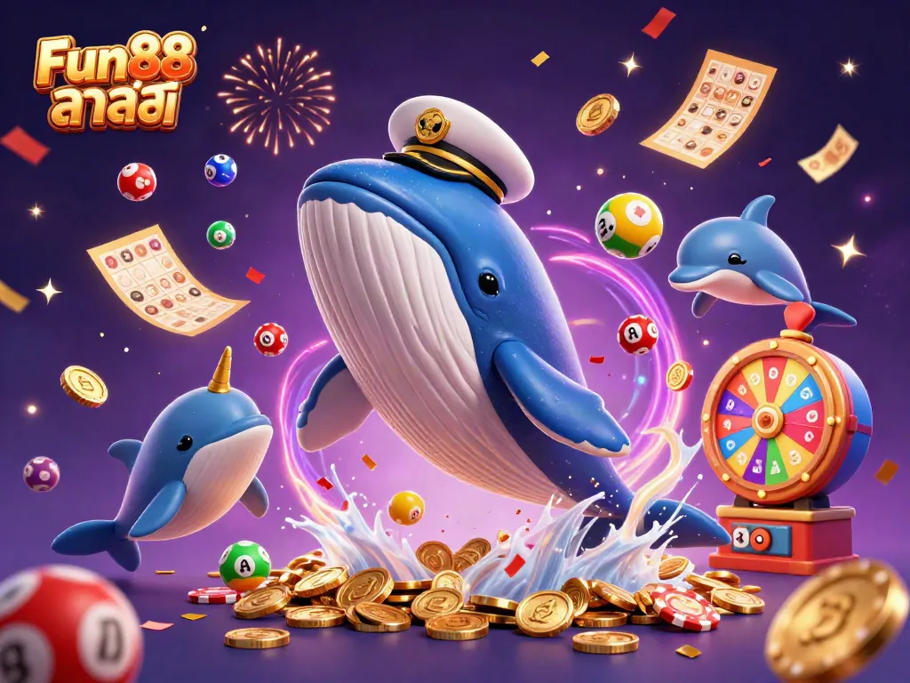 Join Fun88 ล่าสุด with an exciting scene of a whale, narwhal, and dolphins winning at online casino games.