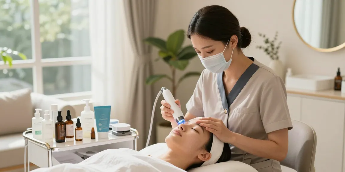 물광필링 시술을 받고 있는 고객과 전문 미용사의 모습. 아늑하고 현대적인 미용실 분위기.