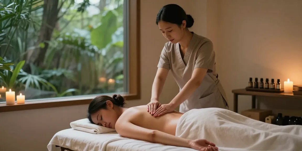 스웨디시 마사지 중인 모습, 아늑한 스파 환경에서 치유의 순간을 담다.