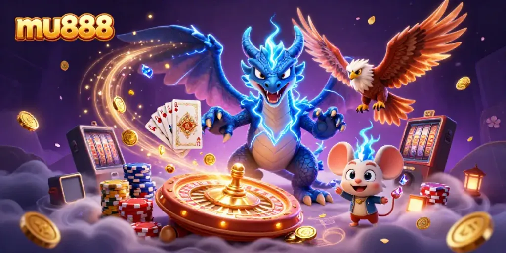 Experience thrilling mu888 gameplay with a captivating scene of dynamic characters and casino elements.
