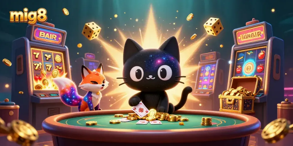 Engage with the cosmic adventures of mig8 as the black hole cat draws in golden casino treasures under a stunning galactic backdrop.