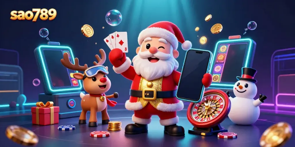 Engage in thrilling jackpot gaming with sao789, featuring Santa, his reindeer, and a poker chip snowman!
