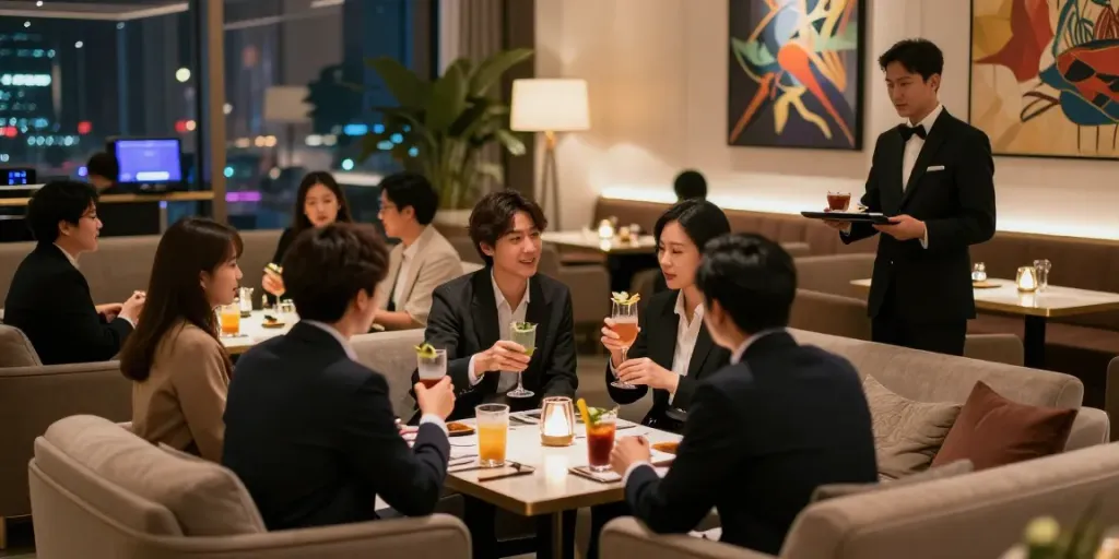 강남 타이밍 고급 유흥 공간에서 즐거운 대화 중인 손님들 모습