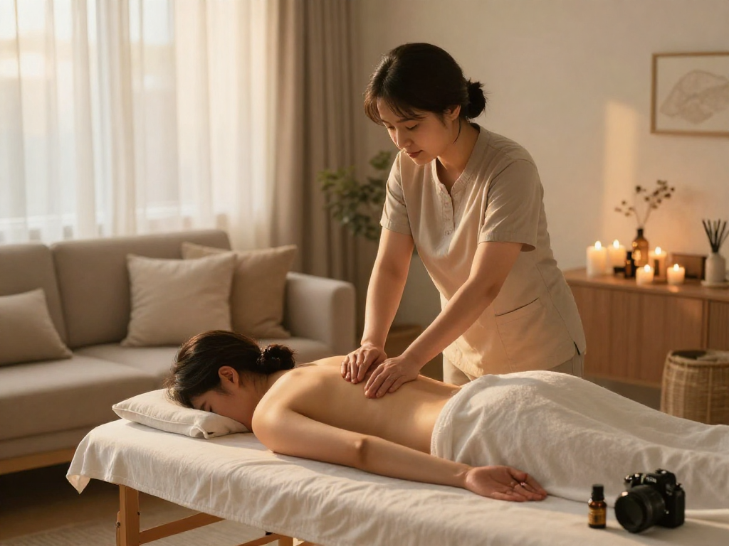 Relaxing 용산출장마사지 scene highlighting a professional masseuse providing home care service.
