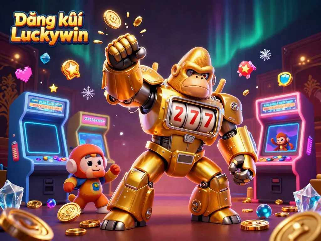 Spin for luck with Đăng ký Luckywin, featuring an exciting 3D scene of a golden mech and casino elements.