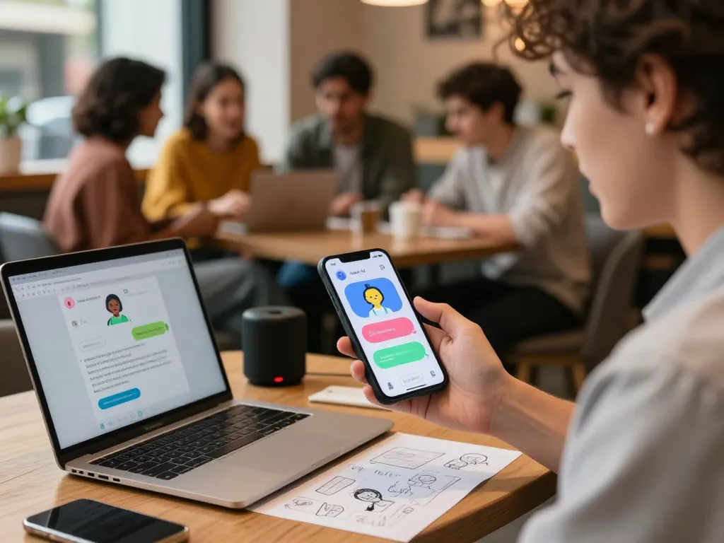 Engaging character AI NSFW conversation on smartphone in urban café setting.