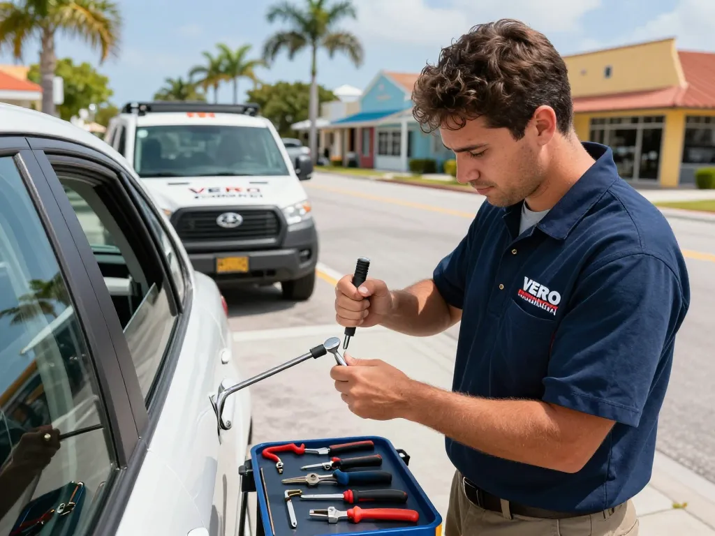 Mobile locksmith Vero Beach technician unlocking a car door with professional tools on a sunny day.