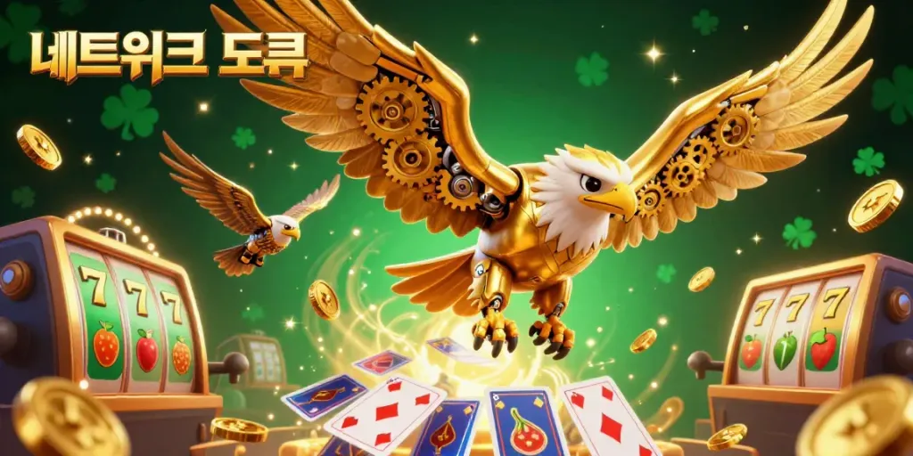 Engage with the 네트워크 도구 scene featuring a golden eagle diving through holographic cards and slot reels.