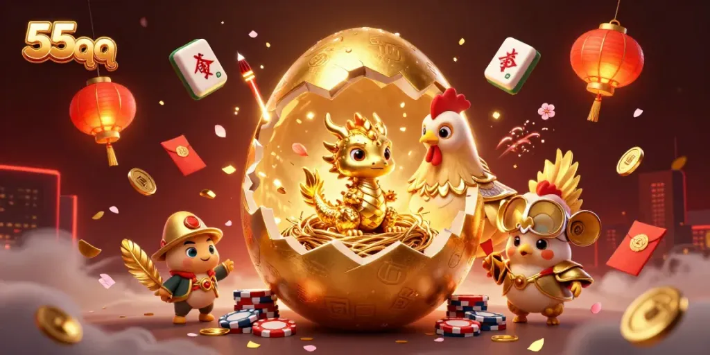 Play and win big at 55 qq with a dynamic scene featuring golden dragon and festive decorations.