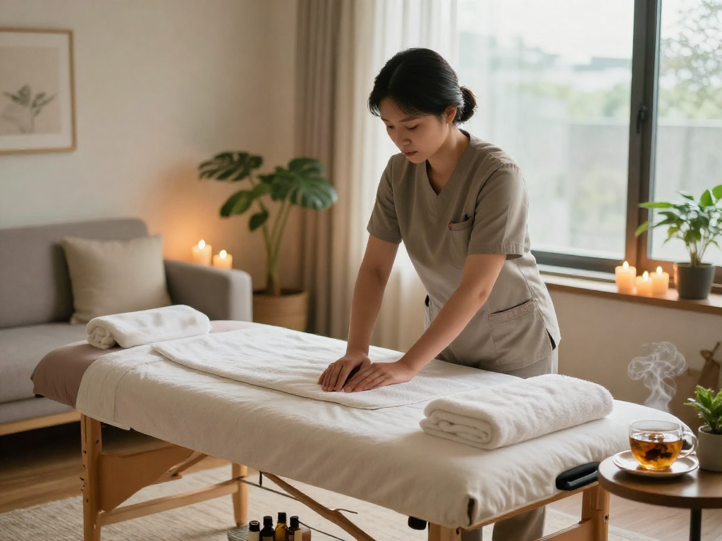 Experience soothing 안양출장안마 with a professional massage therapist preparing a tranquil home setting for relaxation.