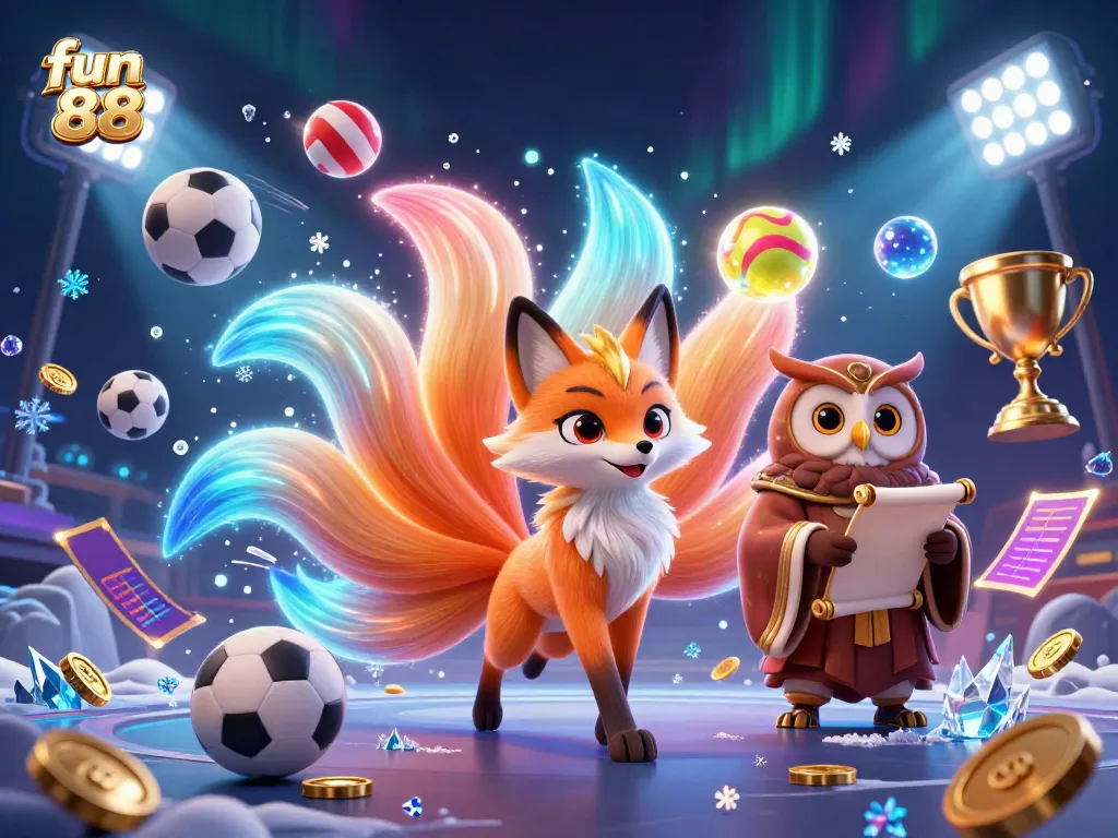 Experience the excitement of fun 88 with a dynamic display of glowing characters and sports elements.