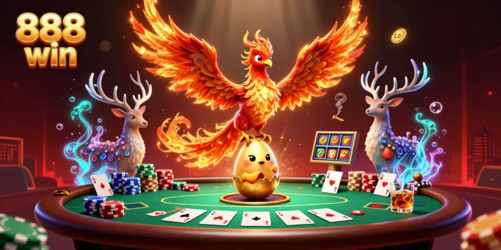 Experience the thrill of 888 win in this vibrant casino-themed illustration with a phoenix and rich gaming elements.