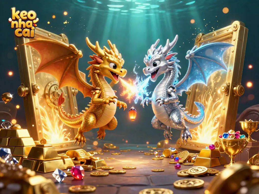 Experience excitement at keo nha cai as gold and silver dragons battle amidst treasure and gems.