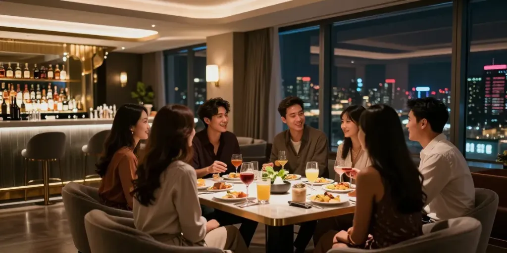 강남구구단에서의 아늑한 모임 풍경, 친구들과의 대화와 음료가 어우러진 모습.