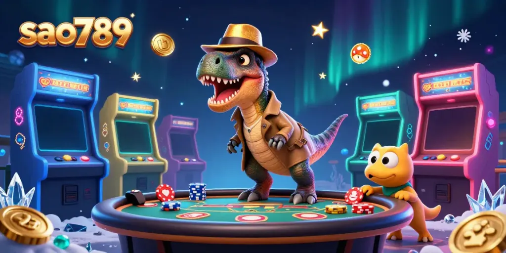 Sneaky velociraptor at sao789 blackjack table amid casino arcade elements, showcasing vibrant gaming atmosphere.