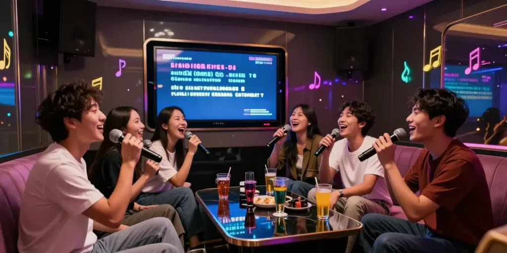 강남가라오케에서 친구들과 함께 노래를 부르는 즐거운 순간