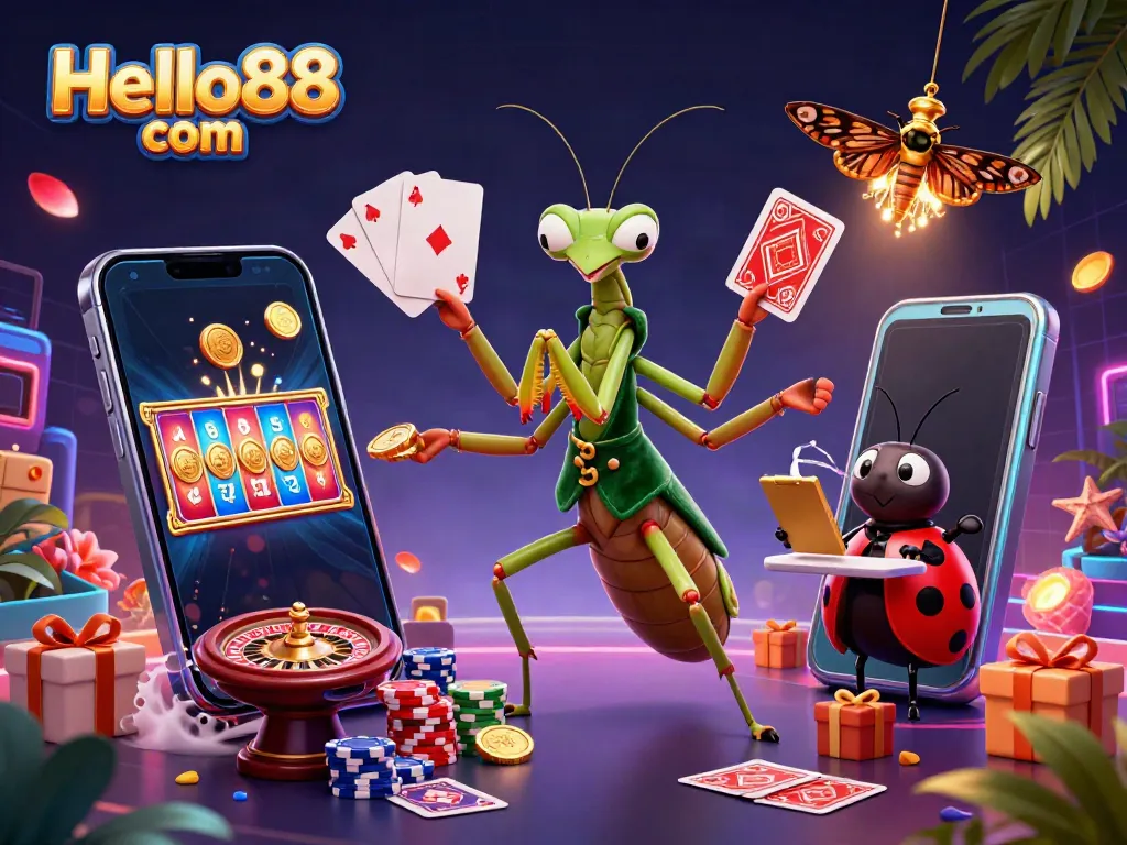 Experience the excitement of Hello88 com with giant cartoon characters showcasing thrilling casino games and vibrant visuals.