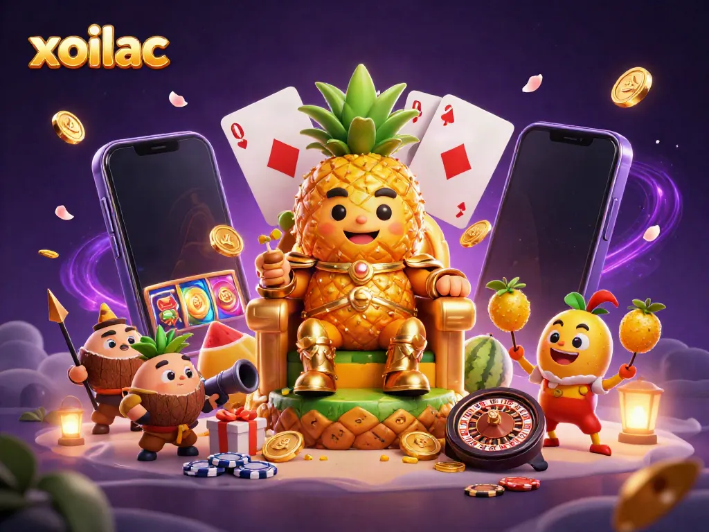 Experience the excitement of xoilac with a golden pineapple king ruling a vibrant beach casino scene filled with dynamic gambling elements.