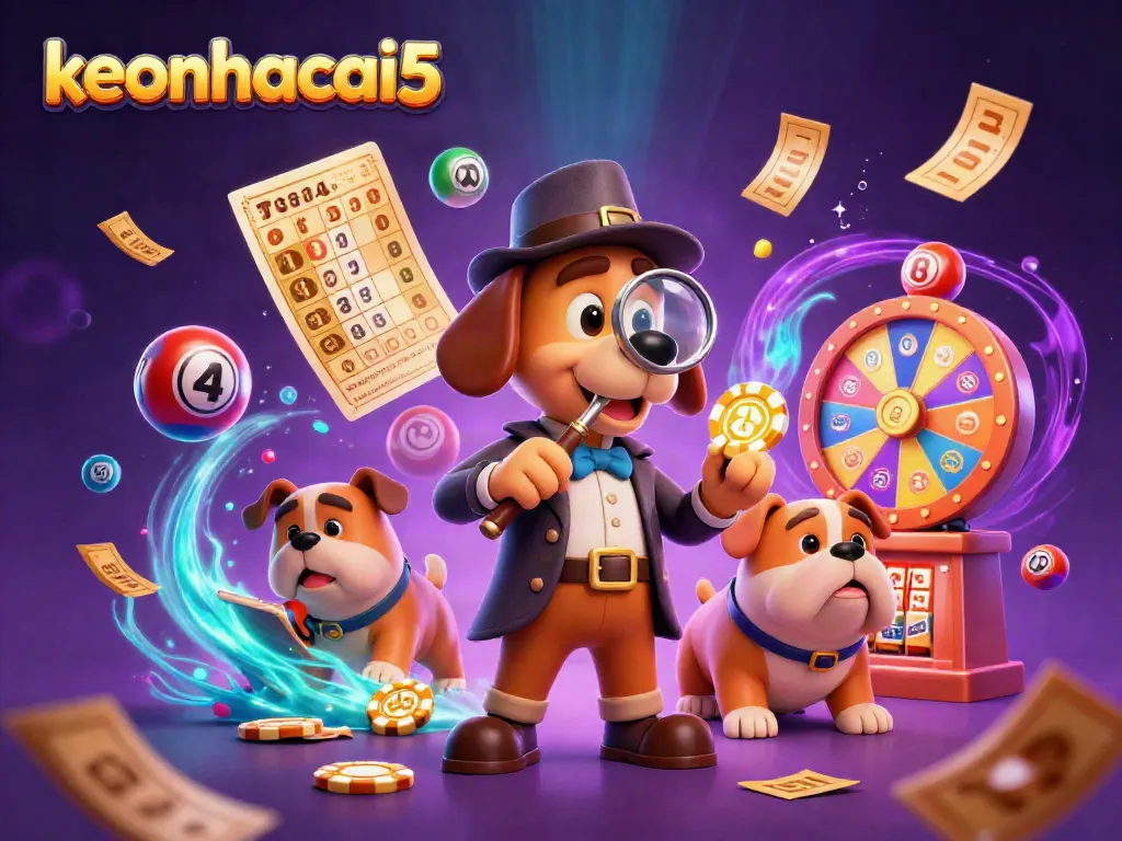Join keonhacai5 for an exciting scene where a detective dog searches for gambling clues amidst vibrant game elements.