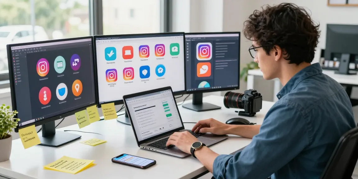 マーケターがモダンなオフィスでInstagramフォロワー購入戦略をノートパソコンで分析し、ソーシャルメディアアイコンを紹介しています。