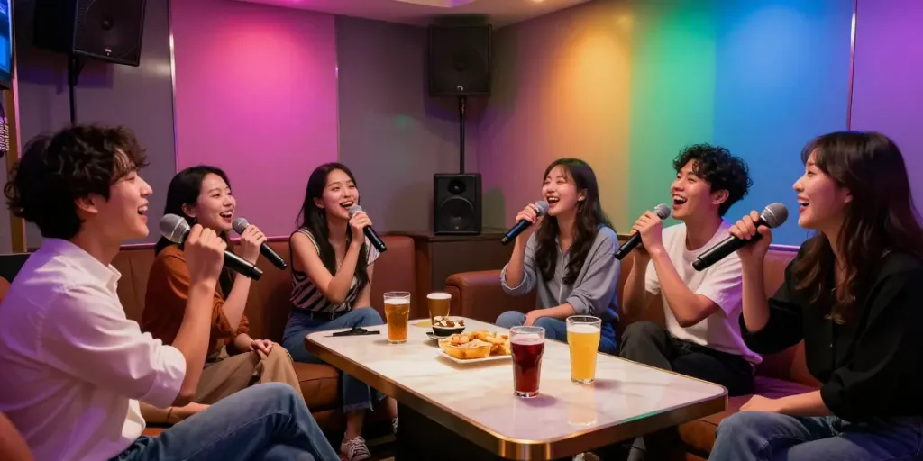 강남 달토에서 친구들이 노래하는 모습과 세련된 인테리어