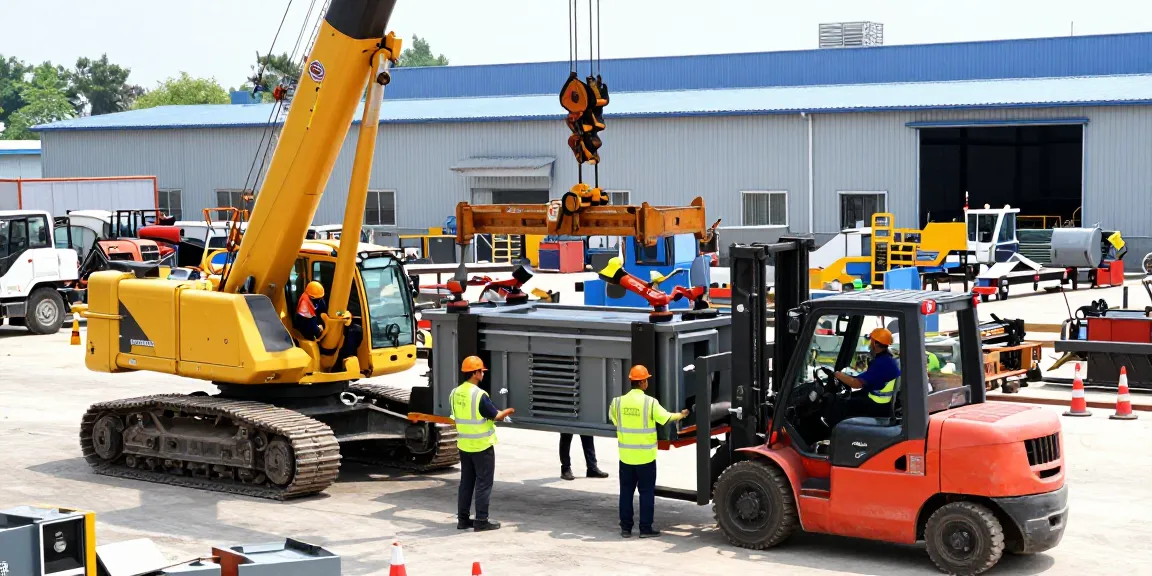 Machinery Movers relocating heavy industrial equipment with precision and safety at a bustling site.