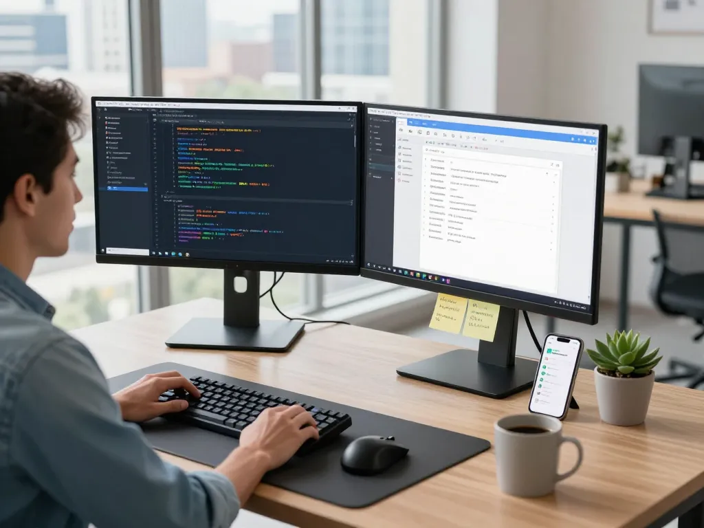 Developer using Clawdbot in a modern workspace setup with code and city view.
