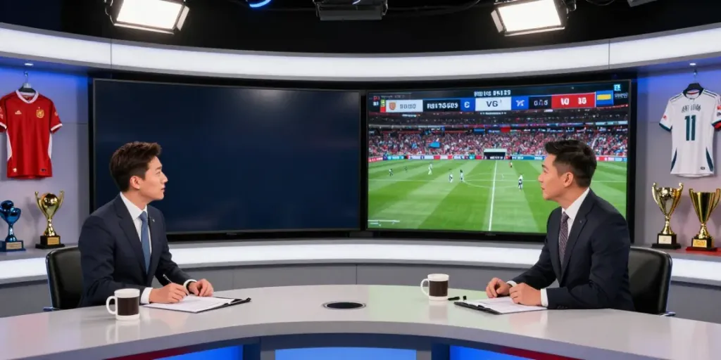 몬스터티비의 최신 축구 중계 장면, 해설자들이 경기 하이라이트를 분석하는 모습.